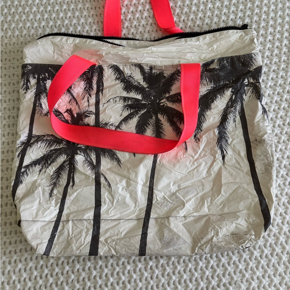 ALOHA Collection Palm Print Tote with Neon Pink Straps